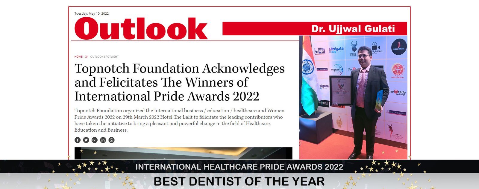 Outlook Magazine - Dr Ujjwal Gulati Best Dentist 2022 India
