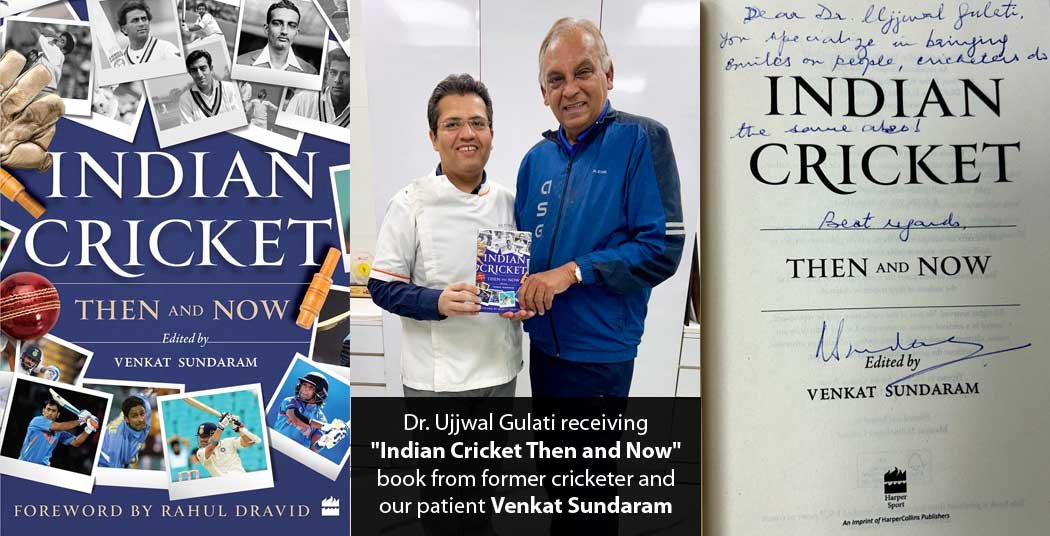 Dr. Ujjwal Gulati receiving "Indian Cricket Then and Now" book from former cricketer and our patient Venkat Sundaram