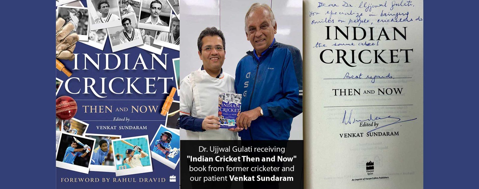 Dr. Ujjwal Gulati receiving “Indian Cricket Then and Now” book from former cricketer and our patient Venkat Sundaram